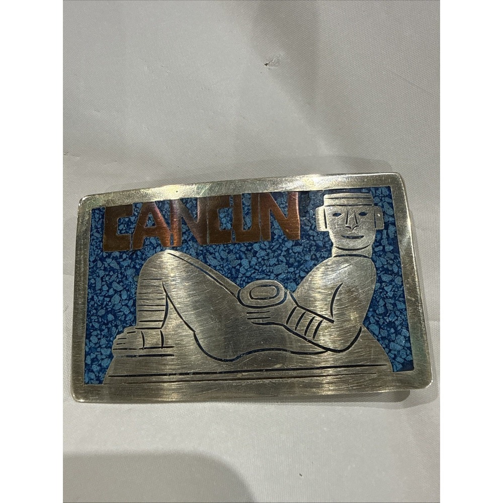 Belt Buckle Cancun Mexico Inlaid Turquoise Copper Silver Color Archeological